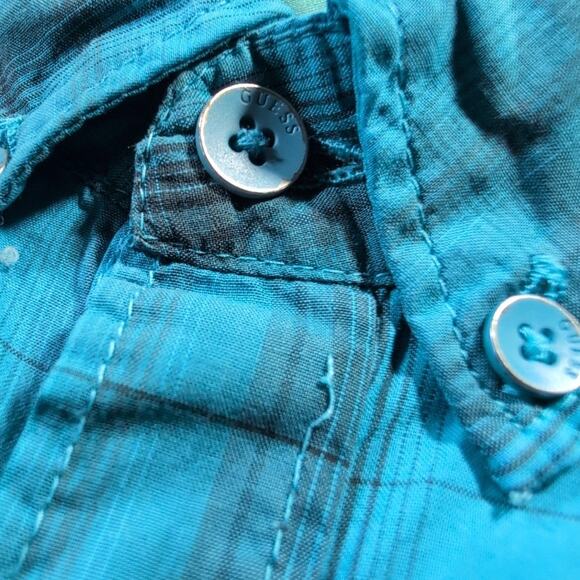 Guess Plaid Teal Ombre Dillon Slim Fit Shirt Men's Medium Western Cowboy - Picture 6 of 13